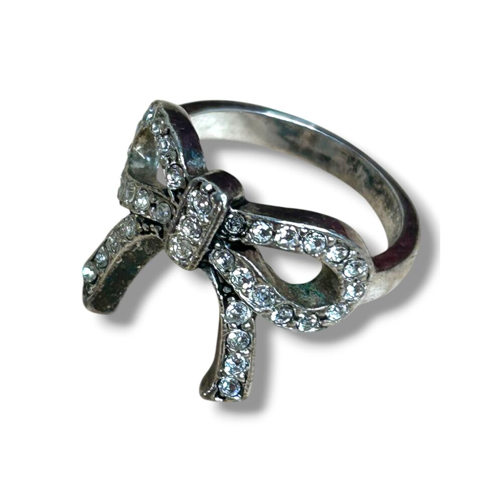 Premier Designs Bow Ring Sparkly Pave Rhinestones Ring Size 5 Silver Tone